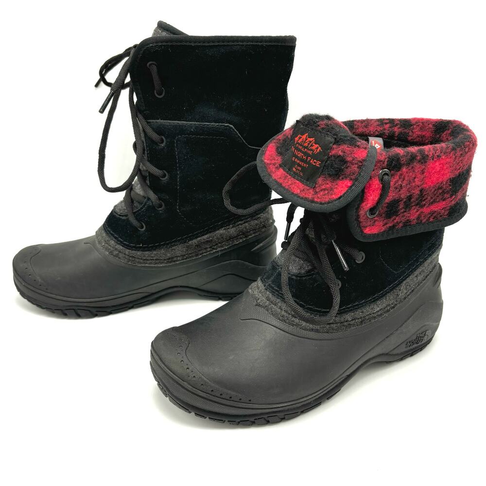 The North Face Shellista 2 II Boots Size 6 Black Suede Red Plaid Roll Down Cuff